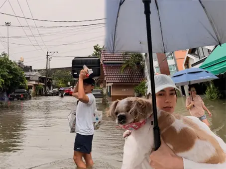 เลียบด่วนไม่รอด หมาก - คิม ลุยน้ำสูงเกือบเข่า ช่วยแม่หนีน้ำ พบท่วมจ่อหน้าประตูบ้าน